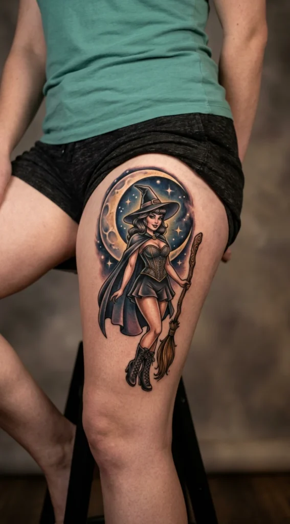 Witch Pinup with Broom and Crescent Moon