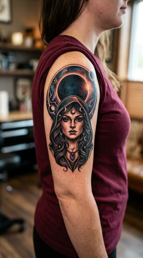 Witch Portrait with Eclipse Behind Her Head