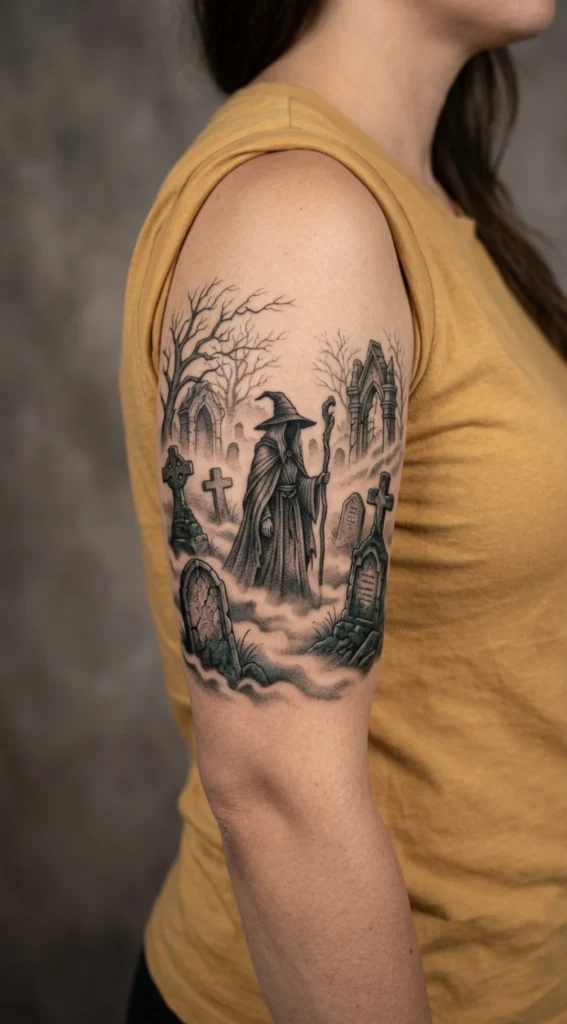 Witch Standing Over Graveyard with Fog