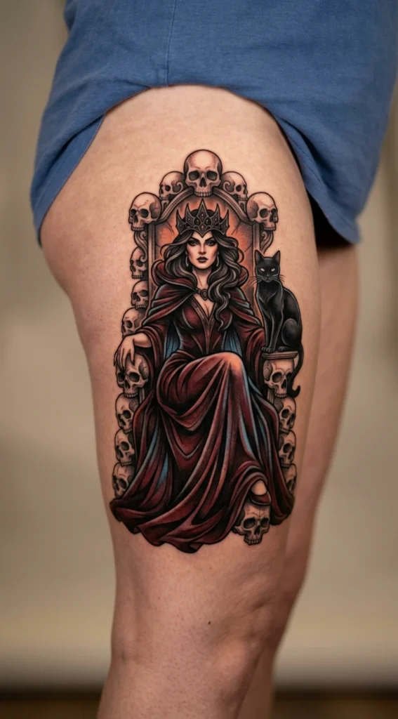 Witch and Black Cat Sitting on Skull Throne