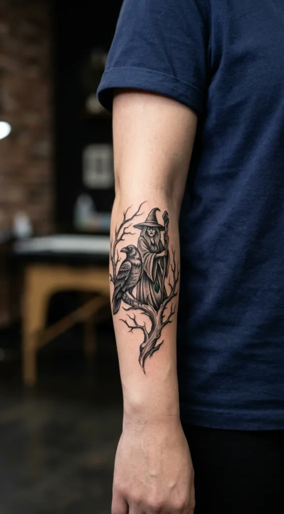 Witch and Crow Perched on Dead Tree Branch