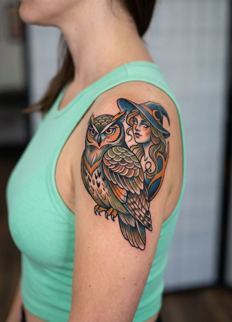 Witch and Owl Familiar Perched on Shoulder