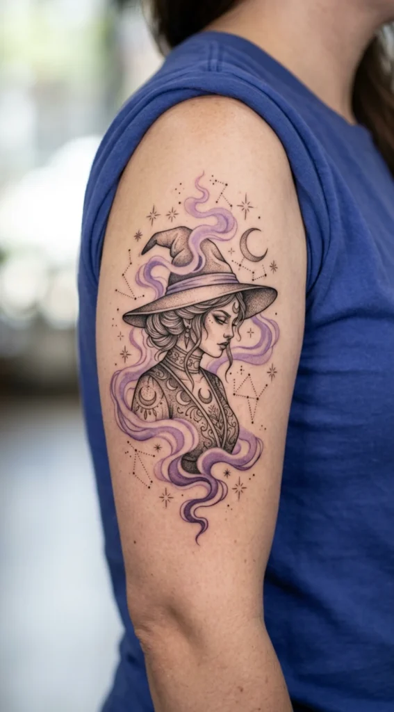 Witchy Woman Portrait with Hat, Stars, and Lavender Smoke