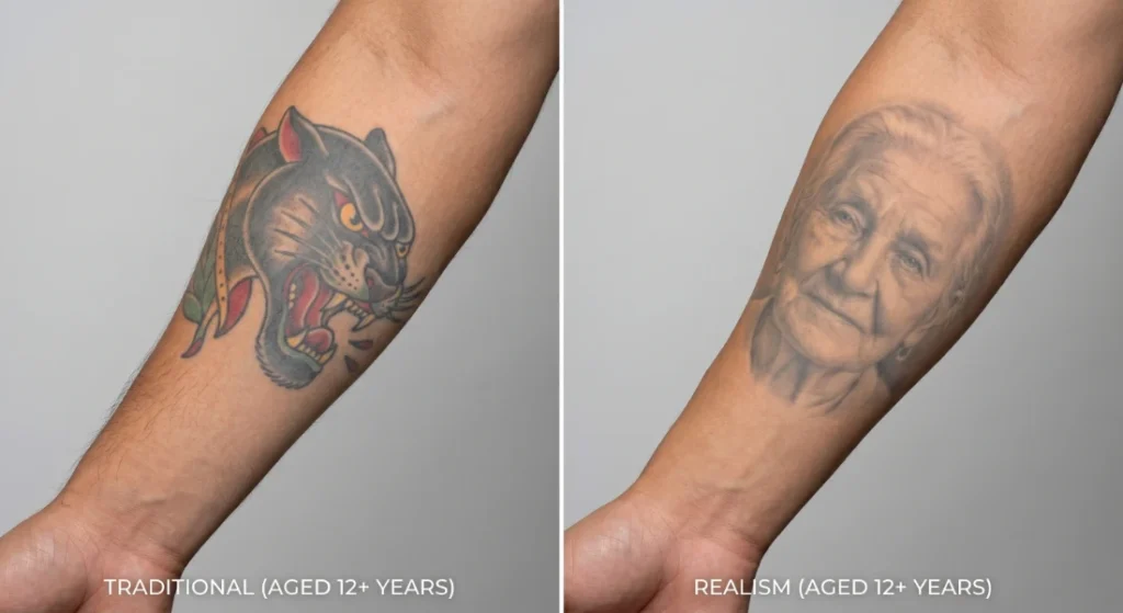 traditional and realism tattoos aged