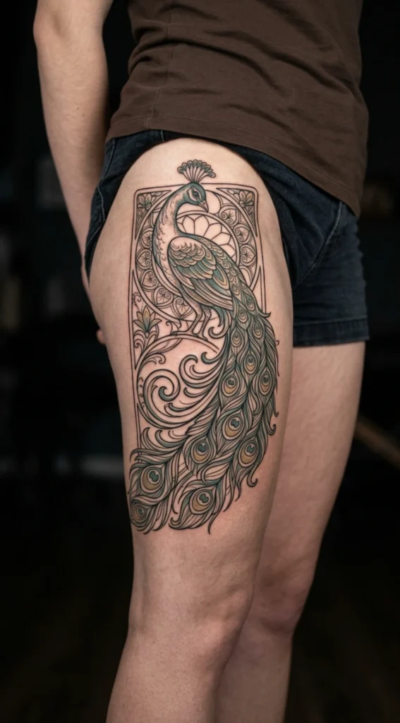 Art Nouveau Peacock Thigh Tattoo