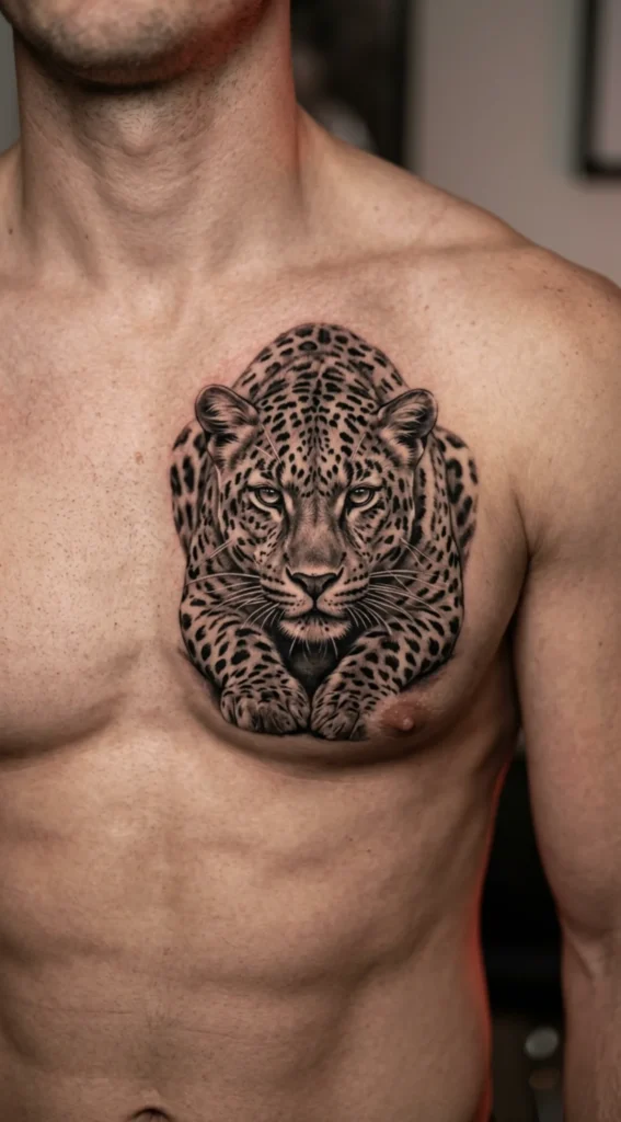 Black and Grey Leopard Chest Tattoo