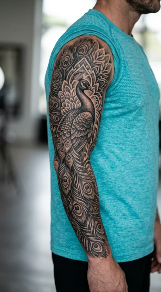 Black and Grey Peacock Sleeve Tattoo
