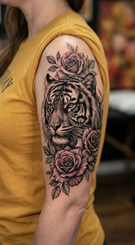Black and Grey Realistic Tiger with Roses