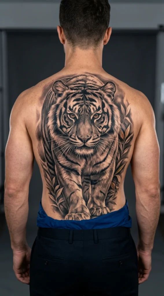Black and Grey Tiger Back Tattoo
