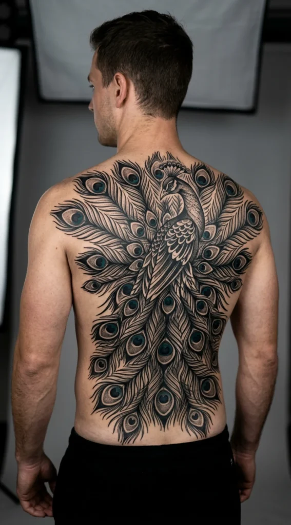 Blackwork Peacock Back Piece