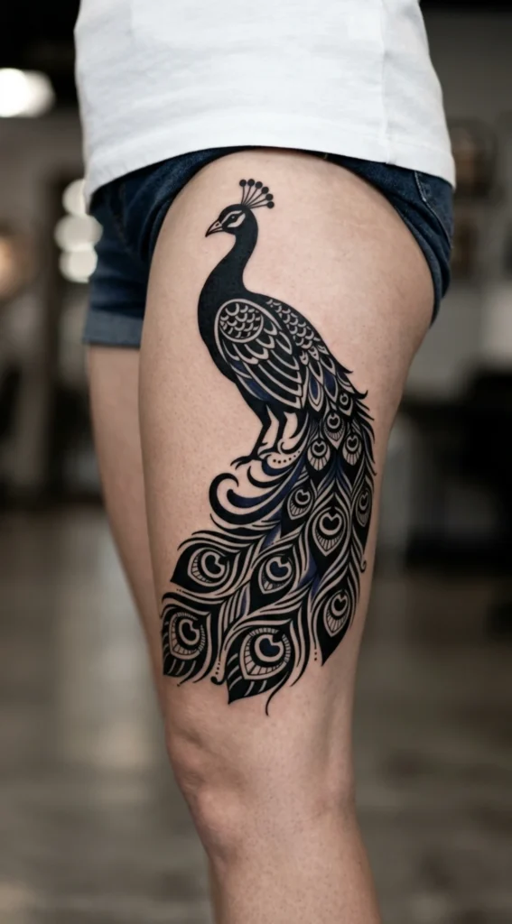  Blackwork Peacock Thigh Tattoo