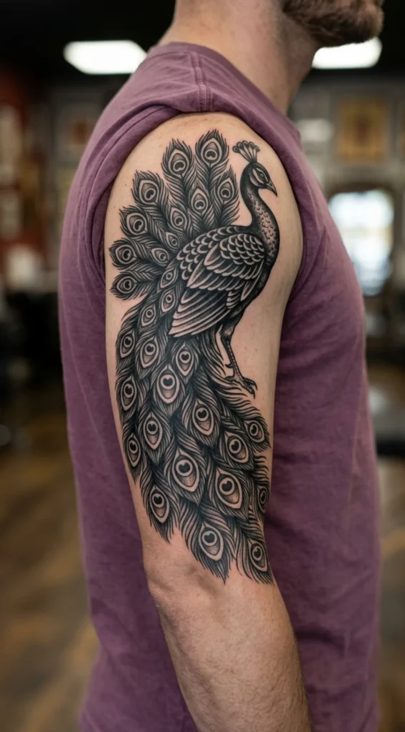Blackwork Peacock Traditional Tattoo
