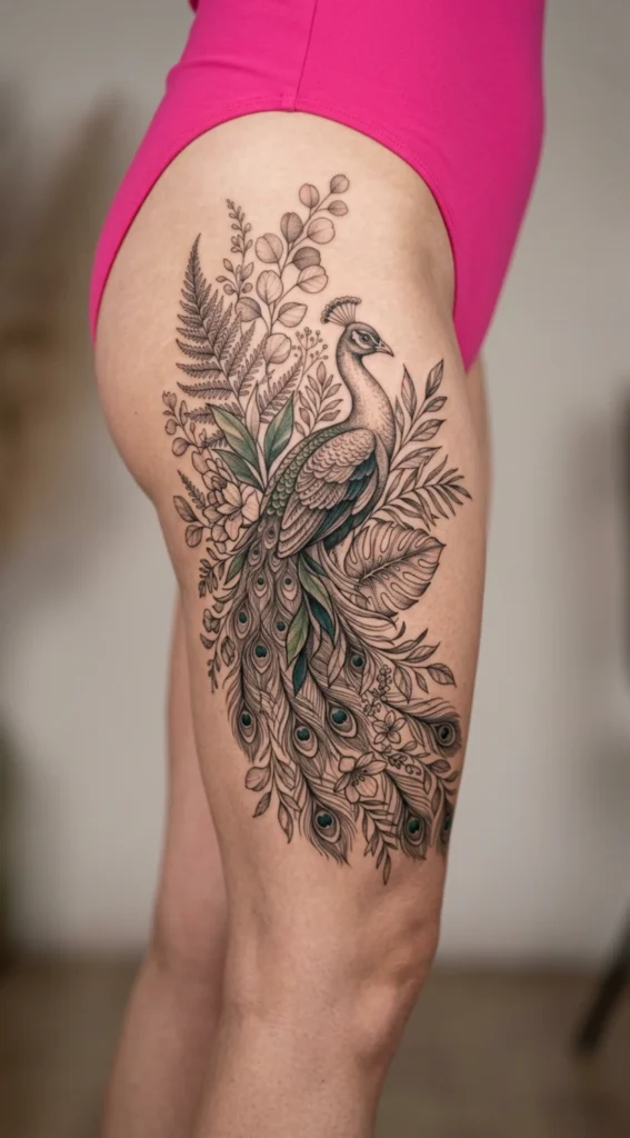 Botanical Peacock Thigh Tattoo