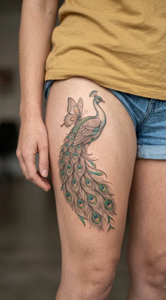 Butterfly Peacock Thigh Tattoo