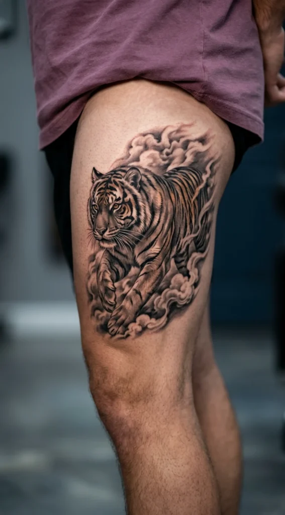 Charging Tiger Through Smoke Clouds