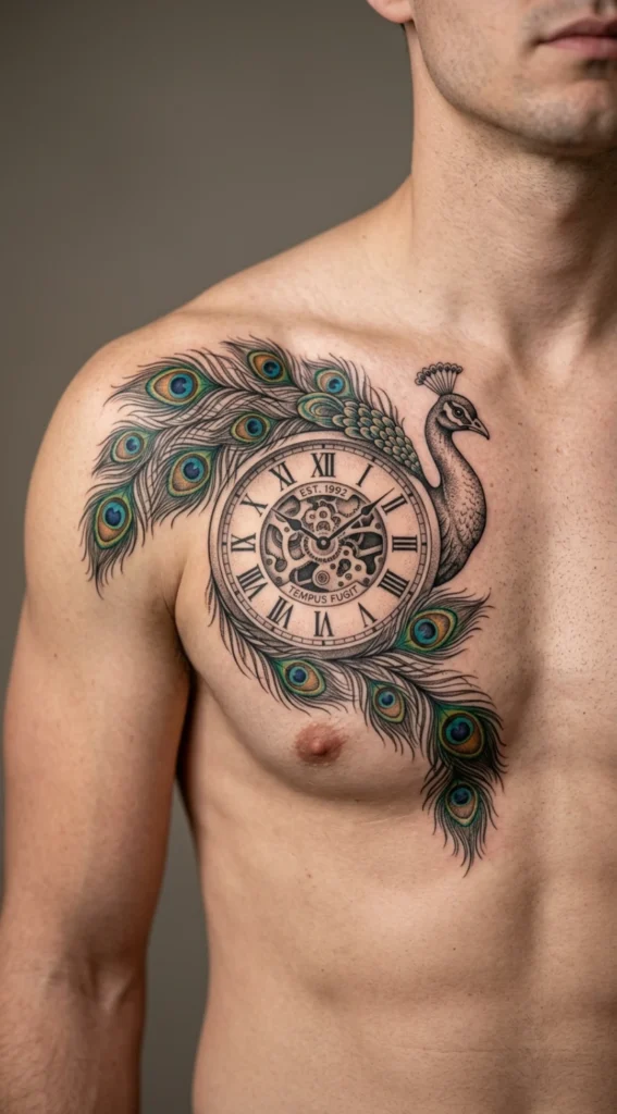 Clock and Peacock Symbolism Tattoo