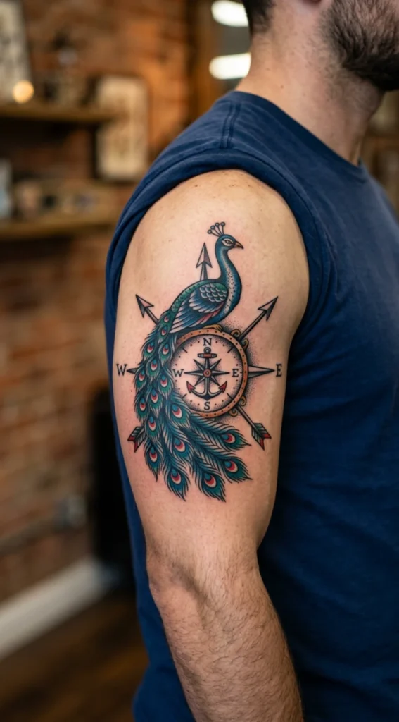 Compass Peacock Traditional Tattoo