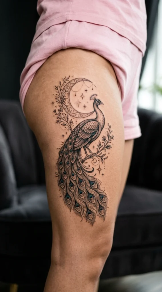 Crescent Moon Peacock Thigh Design
