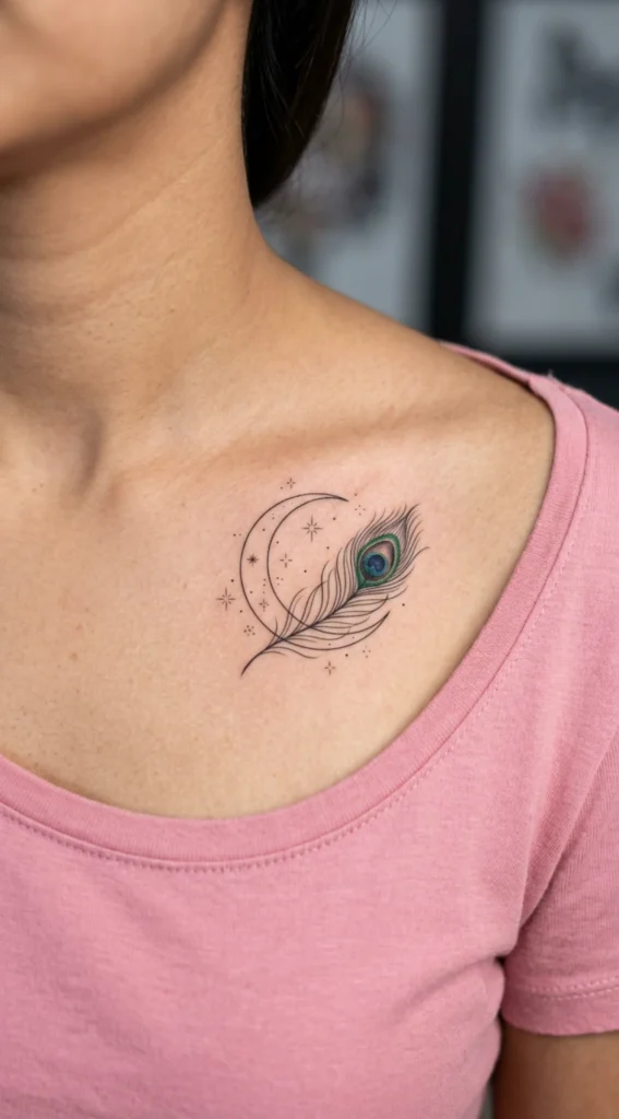 Crescent Moon and Peacock Feather Tattoo