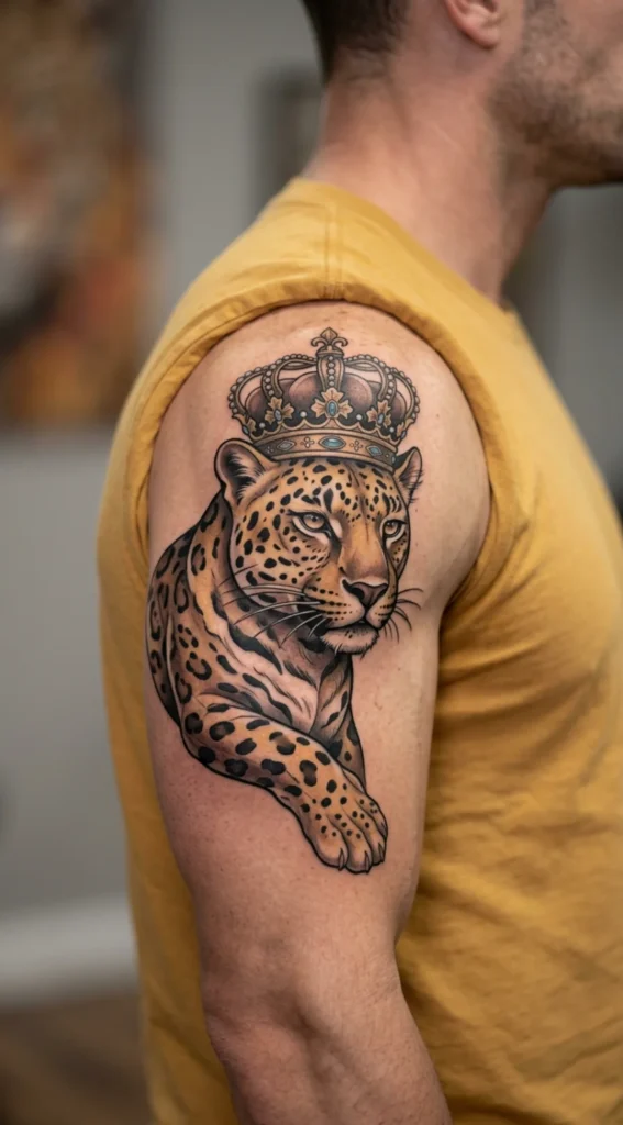 Crowned Leopard King Shoulder Tattoo