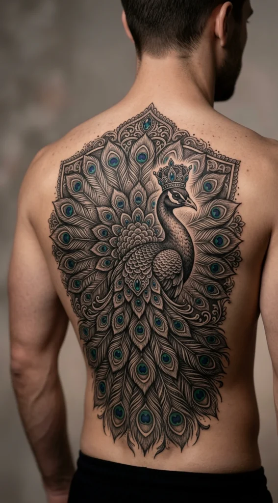 Crowned Peacock King Tattoo with Regal Detailing