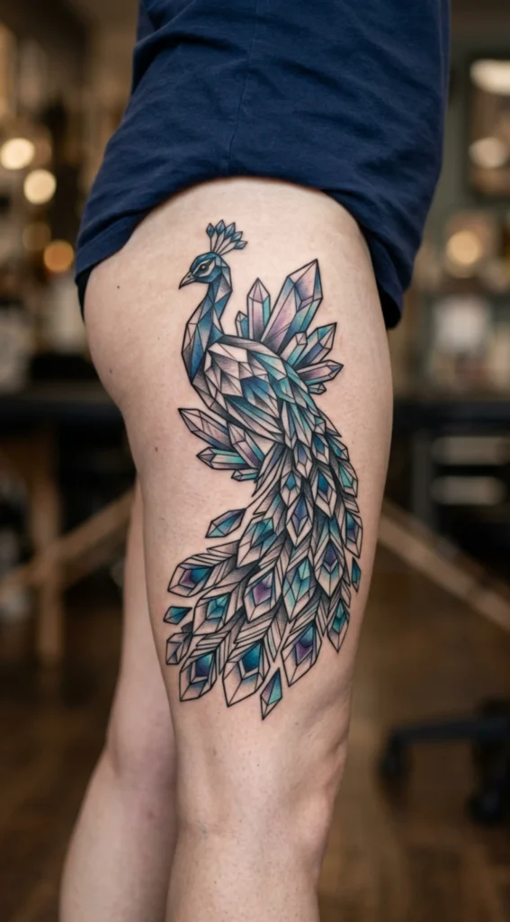 Crystal Peacock Thigh Tattoo