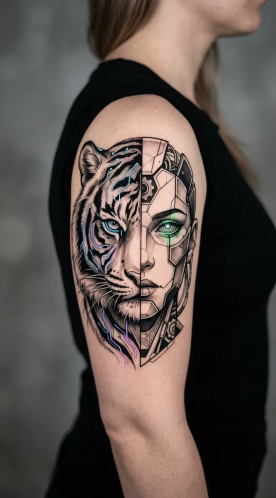Cyberpunk Style Half Tiger Woman Futuristic Fusion