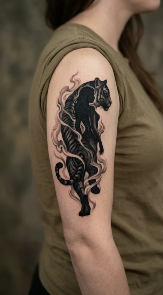 Dark Fantasy Half Tiger Woman Smoke Silhouette