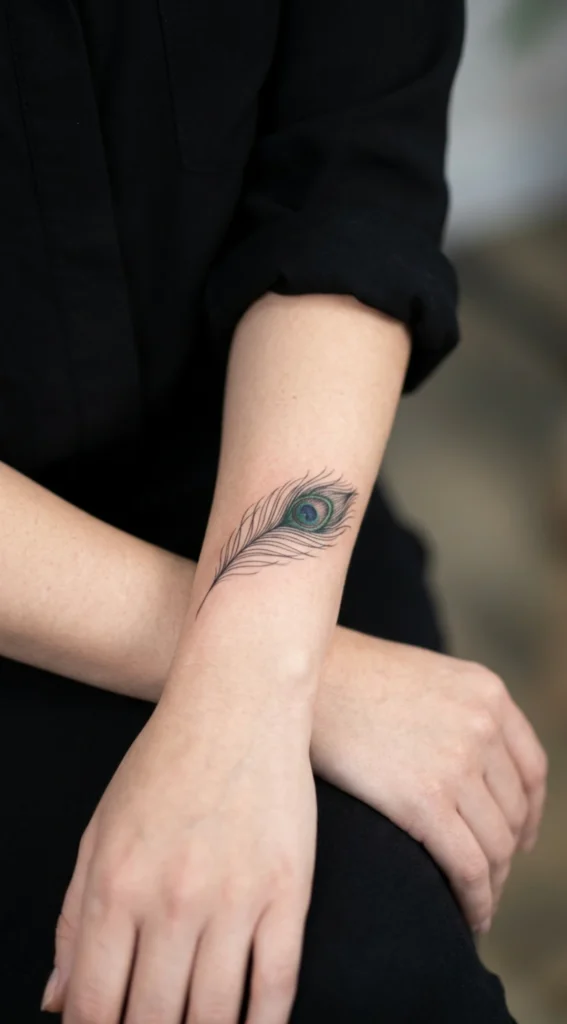 Delicate Wrist Peacock Feather Tattoo
