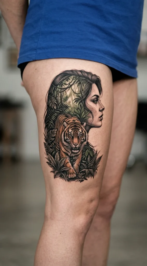 Double Exposure Woman Portrait with Tiger Jungle Inside