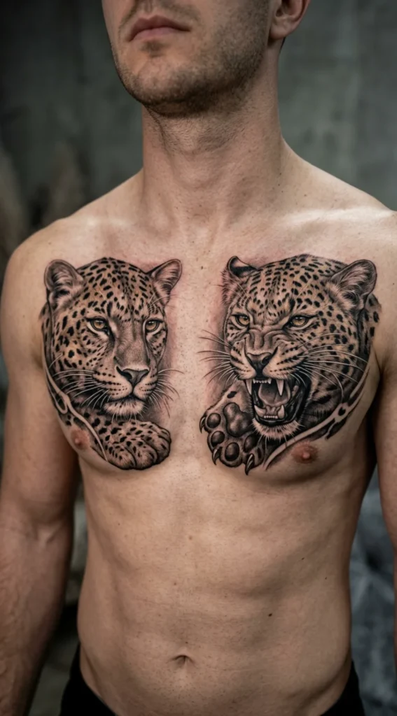 Dual Leopard Faces Representing Strength and Strategy