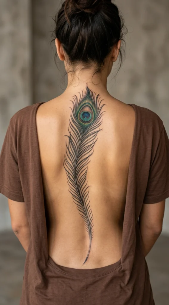 Elegant Spine Peacock Feather Tattoo Design