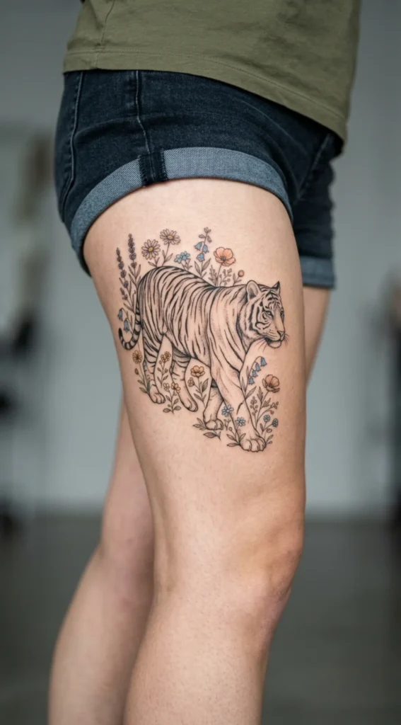 Elegant Tiger Walking Through Wildflowers