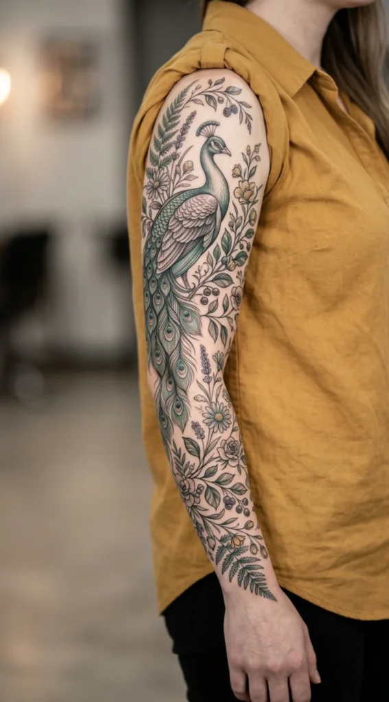 Feminine Peacock Sleeve with Botanical Elements