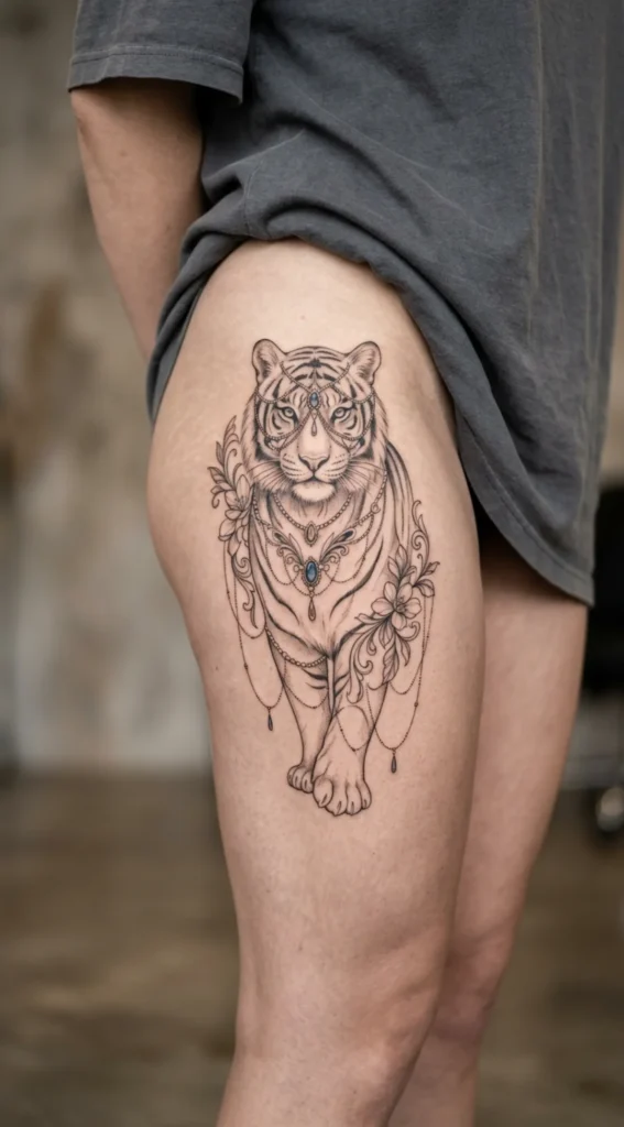 Feminine Tiger with Flowing Ornamental Jewelry