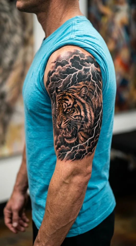 Ferocious Tiger with Lightning Background