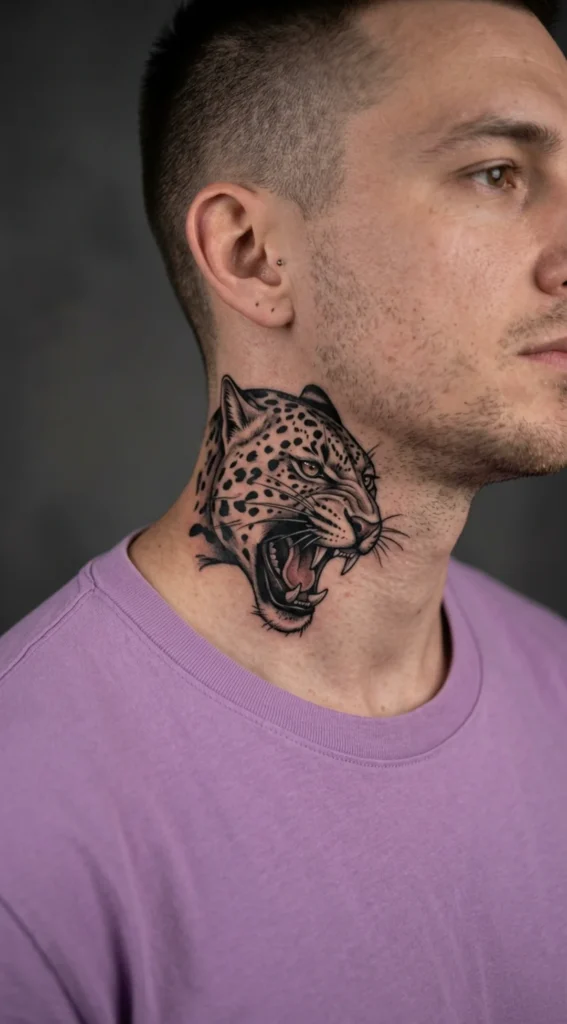 Fierce Leopard Neck Tattoo