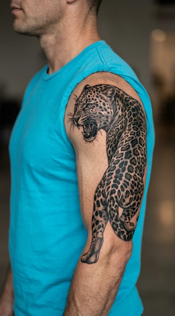 Fierce Leopard Shoulder to Bicep Tattoo