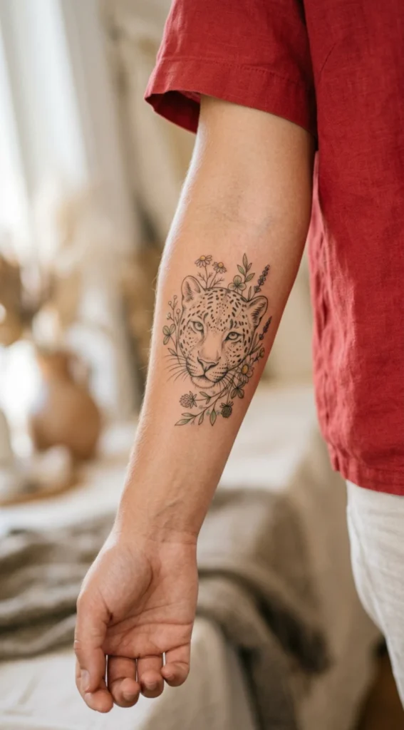 Fine Line Leopard Face with Wildflowers