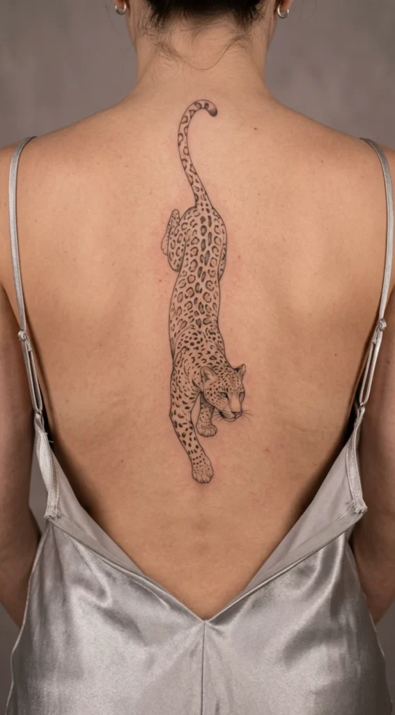 Fine Line Leopard Spine Tattoo