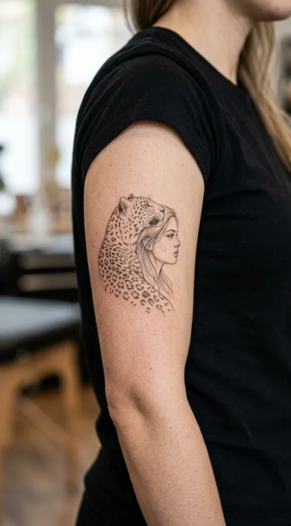 Fine Line Leopard Woman Tattoo