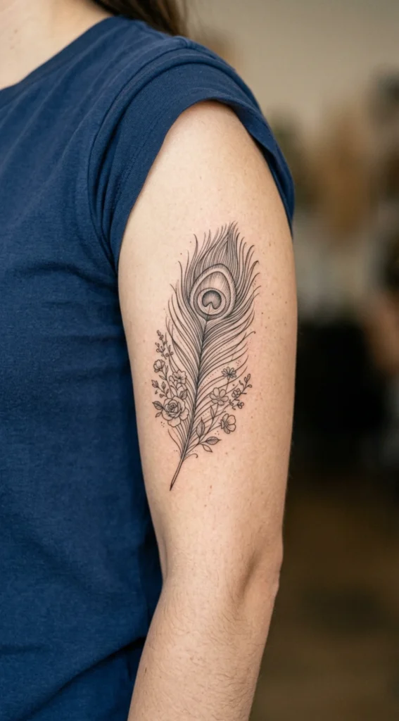 Fine Line Peacock Feather with Floral Details