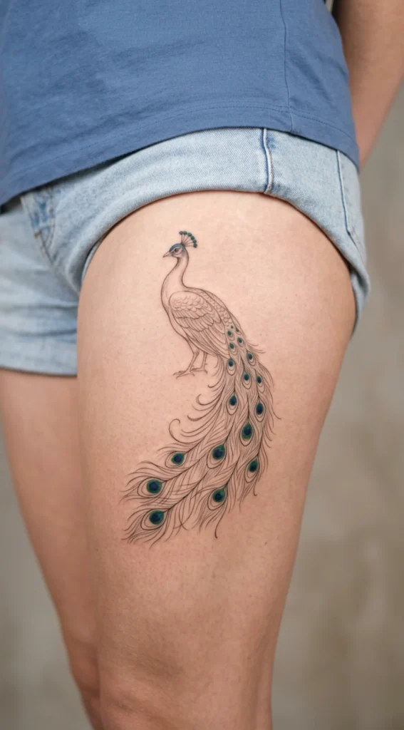 Fine Line Peacock Thigh Design