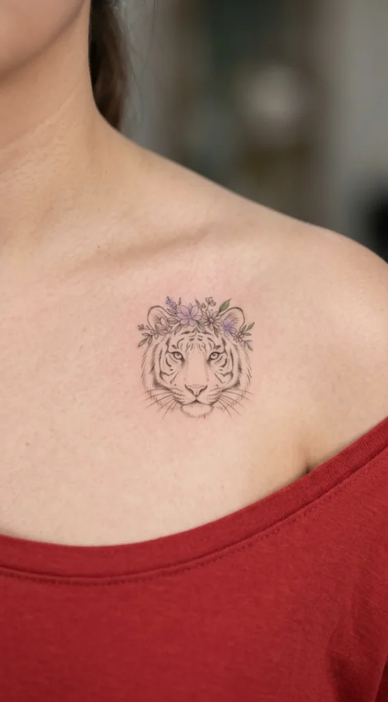 Fine Line Tiger Face with Wildflower Crown