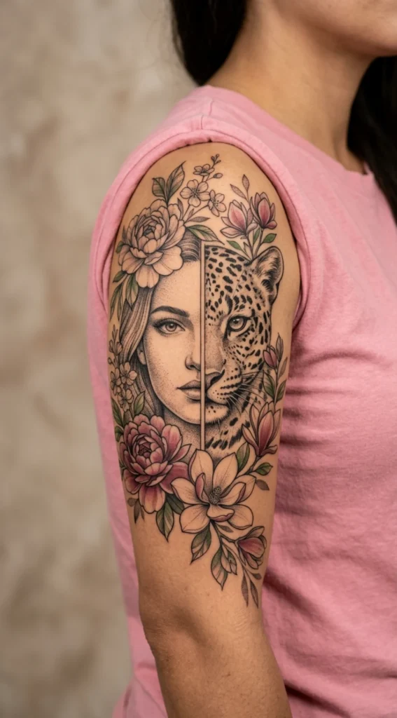 Floral Frame Leopard Woman Portrait