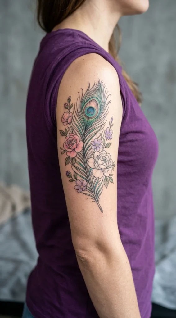 Floral Peacock Feather with Blooming Flowers