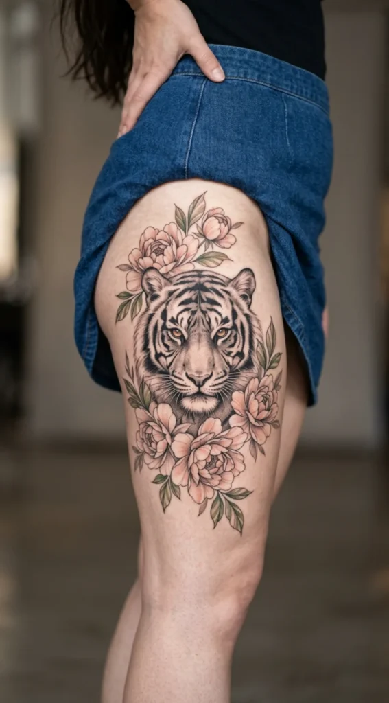 Floral Tiger Portrait with Peonies