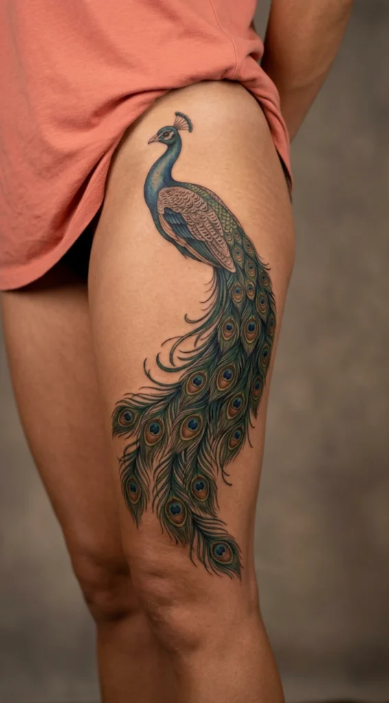 Flowing Tail Peacock Thigh Tattoo