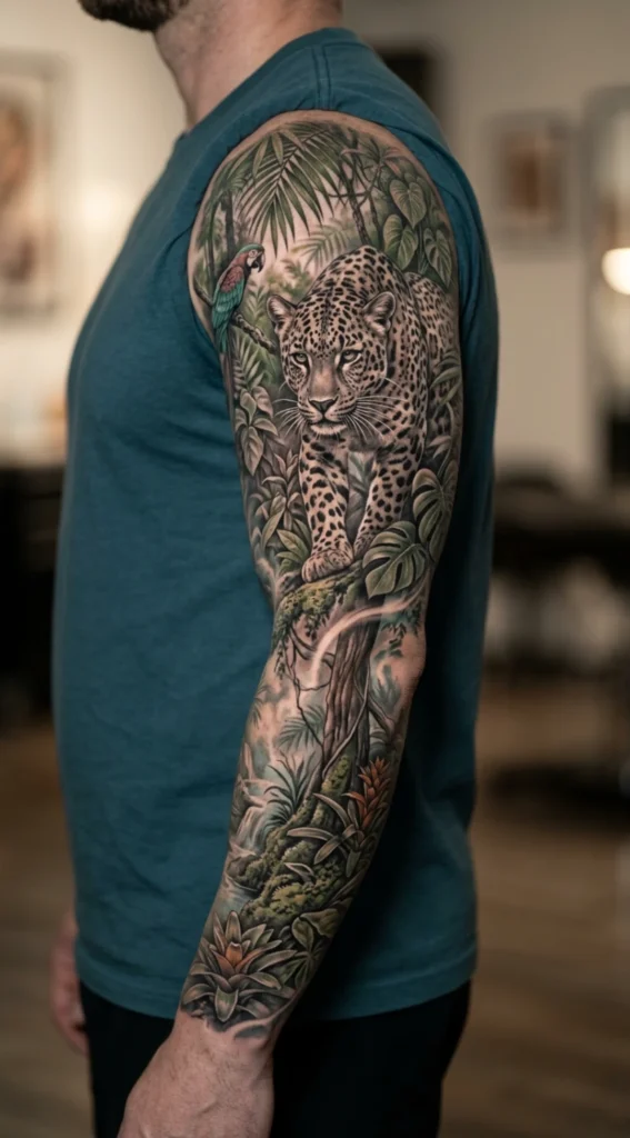 Full Arm Leopard and Jungle Scene Tattoo