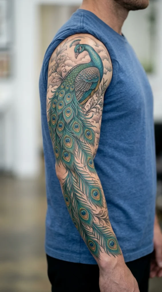 Full Sleeve Peacock with Flowing Tail Feathers